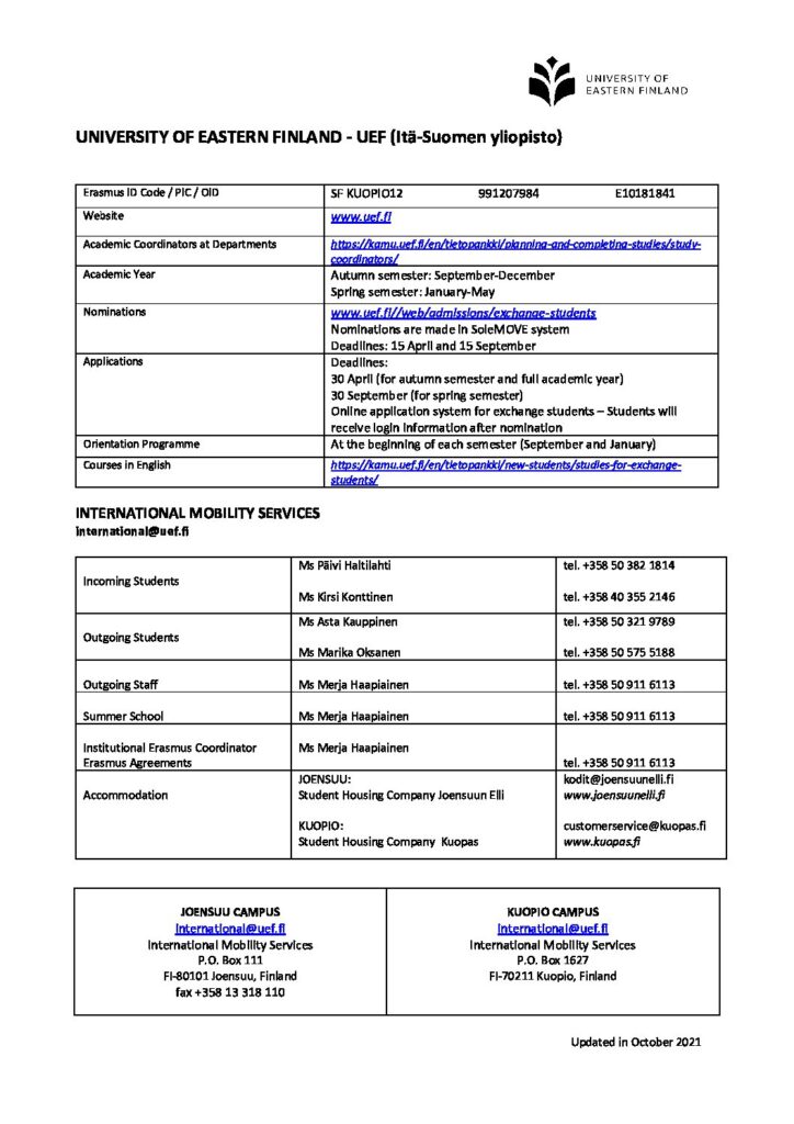 UEF_InformationSheet2021-2022 - UEF Kamu