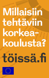 Tekstilaatikko, jossa teksti Millaisiin tehtäviin koreakoulusta? töissä.fi ja EU:n logo.