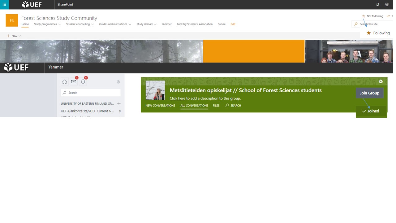 Click Follow in the right corner of the SharePoint or Join Group on Yammer.