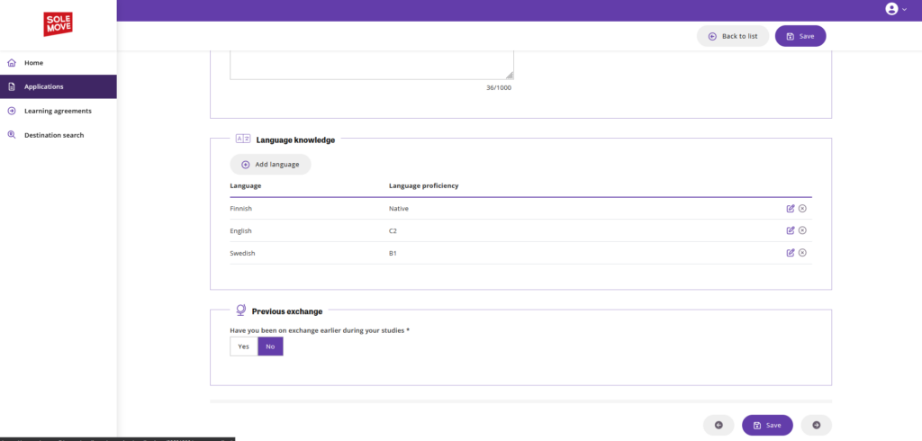 Bottom half of the current studies tab on the exchange application form in SoleMOVE.