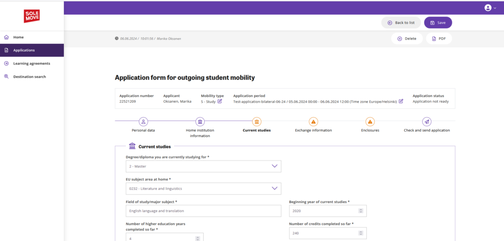 Top half of the current studies tab on the exchange application form in Solemove.