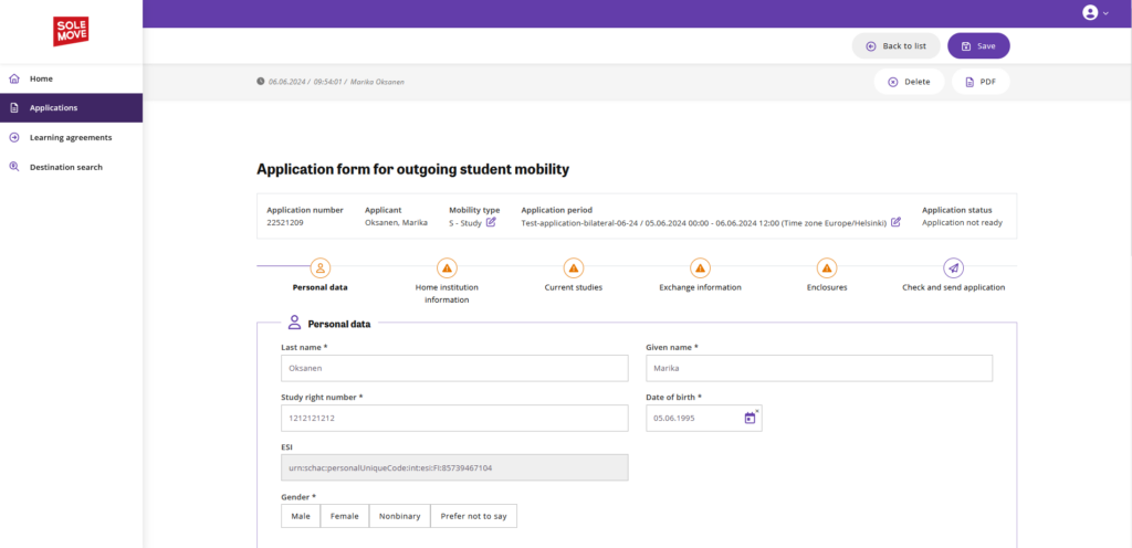 Exchange study application form in SoleMOVE.