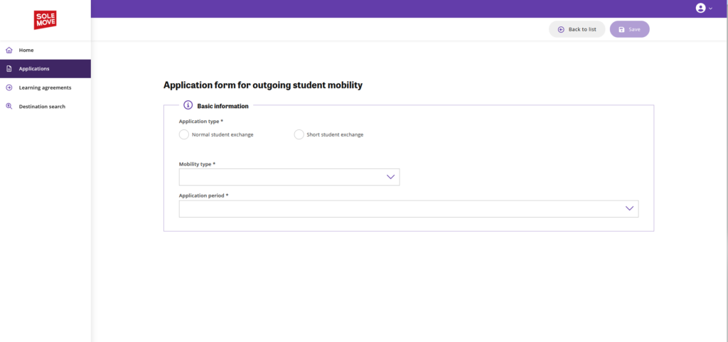 SoleMOVE application system view when starting a new exchange application.