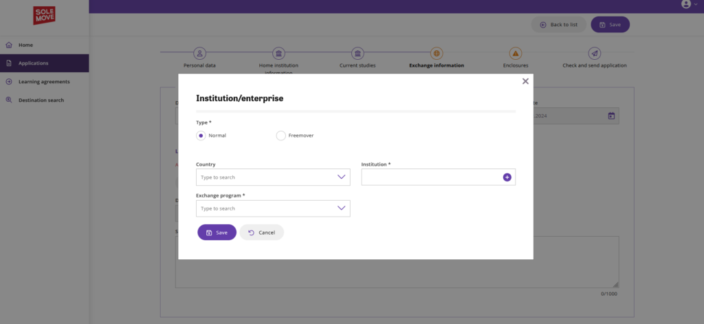 Adding host university information in the exchange application form in Solemove.