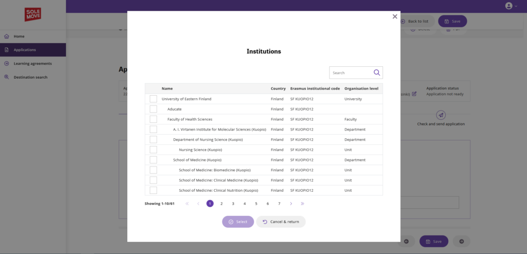 List of departments and units at UEF in the Solemove exchange application form.